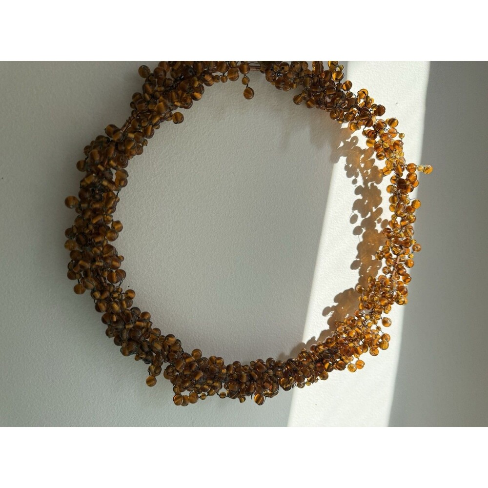 ✿ Vintage Amber Glass Beaded Wreath Handmade Art Glass Decor Mid Century Style